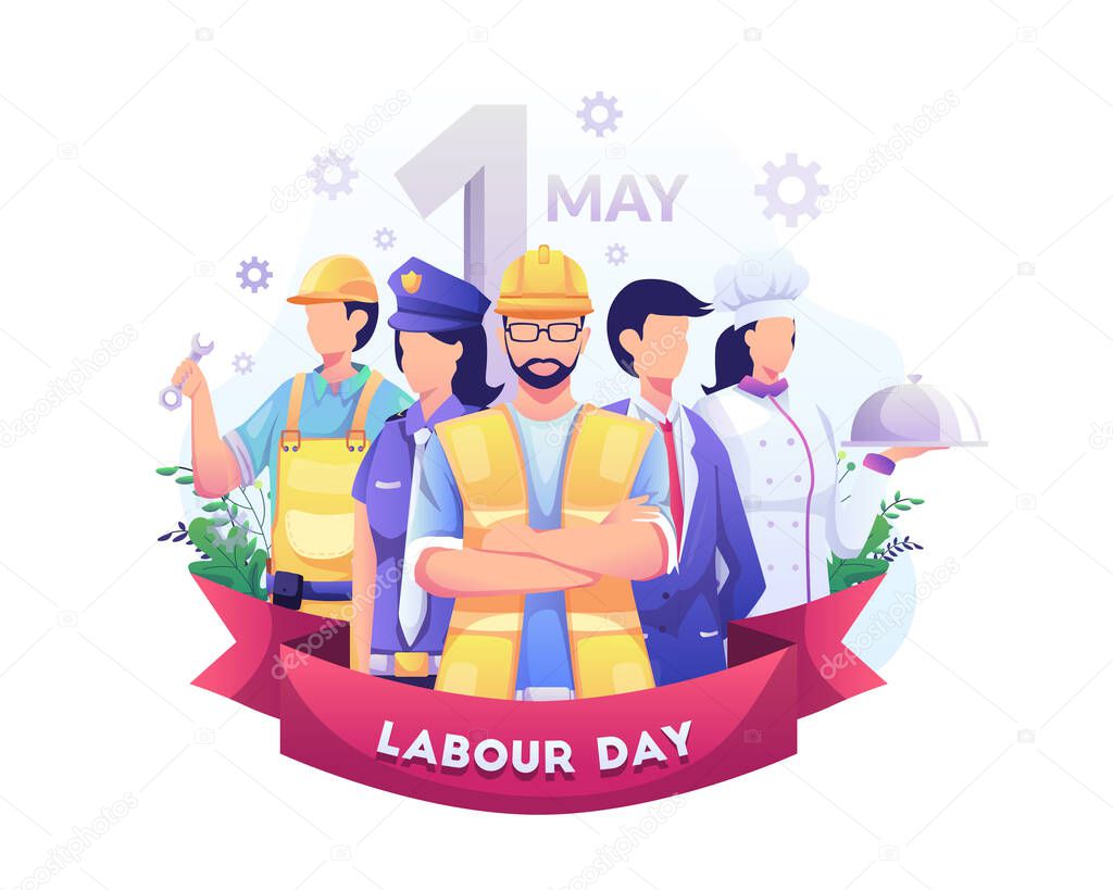 A Group Of People Of Different Professions. Businessman, Chef, Policewoman, construction workers. Labour Day On 1 May. vector illustration
