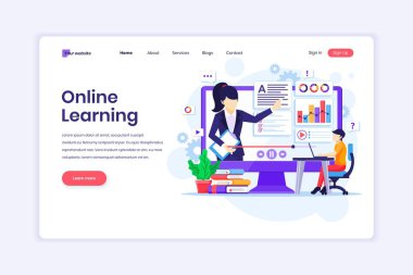 İniş sayfası tasarımı konsepti Online Öğrenme, Webinar ve çevrimiçi eğitim. Öğrenci evde online öğreniyor. Çevrimiçi video kursları. Düz vektör illüstrasyonu