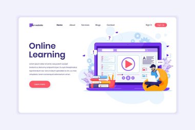 İniş sayfası tasarımı konsepti Online Learning, evde internetten öğrenen bir adam. Düz vektör illüstrasyonu