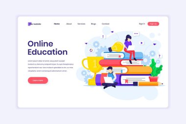 İniş sayfası tasarımı konsepti Online Learning, Webinar, ve karakterli online eğitim. Düz vektör illüstrasyonu