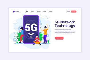 İniş sayfası tasarımı konsepti 5G Ağ Teknolojisi. İnsanlar cep telefonlarında yüksek hızlı kablosuz bağlantı 5G kullanıyorlar. Düz vektör illüstrasyonu