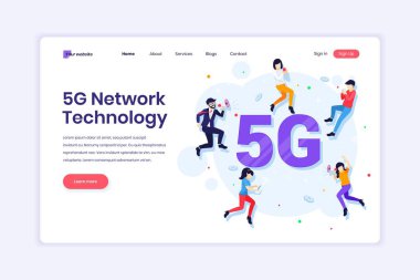 İniş sayfası tasarımı konsepti 5G Ağ Teknolojisi. Yüksek hızlı kablosuz bağlantı 5G kullanan insanlar. Düz vektör illüstrasyonu
