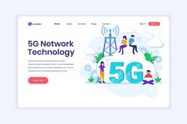 5. Ağ Teknolojisi İniş Sayfası Tasarımı. Yüksek hızlı kablosuz bağlantı 5G kullanan insanlar. Düz vektör illüstrasyonu