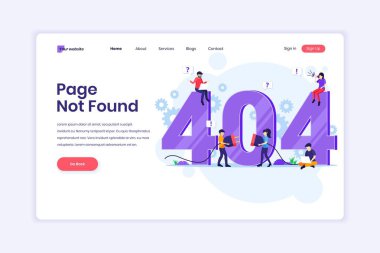 İniş sayfası tasarımı konsepti 404 hata sayfası insanların büyük sembol 404 'ün yanındaki bir web sayfasında hata düzeltmeye çalışmasıyla bulunamadı. Düz vektör illüstrasyonu