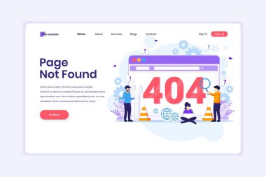 İniş sayfası tasarımı konsepti 404 hata sayfası insanların bir web ekran sayfasında hata düzeltmeye çalışmasıyla bulunamadı. Düz vektör illüstrasyonu