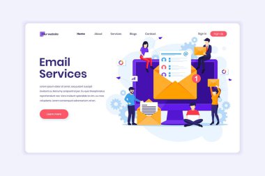 İniş sayfası tasarım konsepti e-posta pazarlama hizmetleri, Reklam Kampanyası, Karakterli Dijital Tanıtım. Düz vektör illüstrasyonu