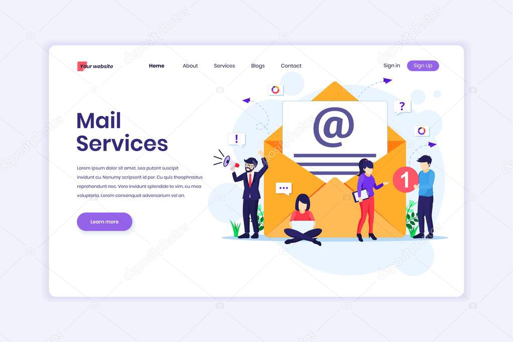 Landing page design concept of Email marketing services, Advertising Campaign, Digital Promotion with characters. Flat vector illustration