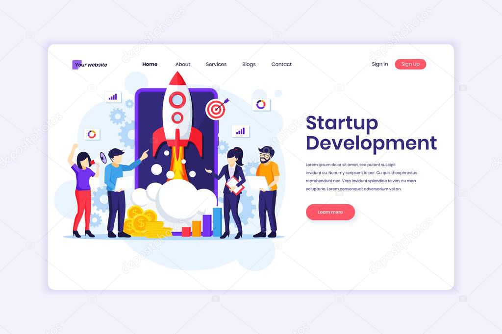Landing page design concept of Business Startup Development, people working on a rocket and giant smartphone. Flat vector illustration