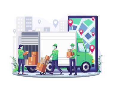 Çevrimiçi dağıtım hizmeti maske takan kurye ve dev akıllı telefon ve kamyon teslimat aracı düz vektör illüstrasyonlu