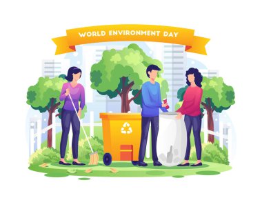 İnsanlarla Dünya Çevre Günü bahçecilik ve Dünya 'yı temizliyor. Gezegen düz vektör illüstrasyonunu kurtar