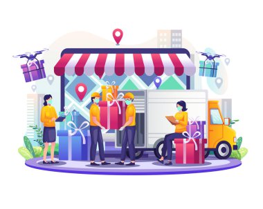 Maske ve kamyon teslimat minibüsü ve drone düz vektör illüstrasyonuyla çevrimiçi dağıtım hizmeti