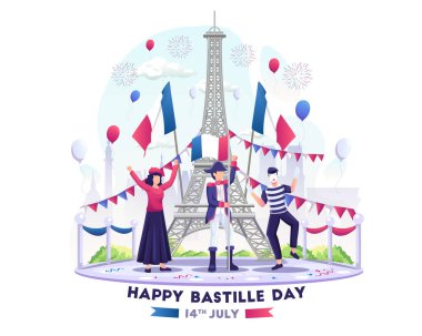 Mutlu İnsanlar Bastille Günü 'nü 14 Temmuz' da kutluyor. Fransa Ulusal Günü. vektör illüstrasyonu