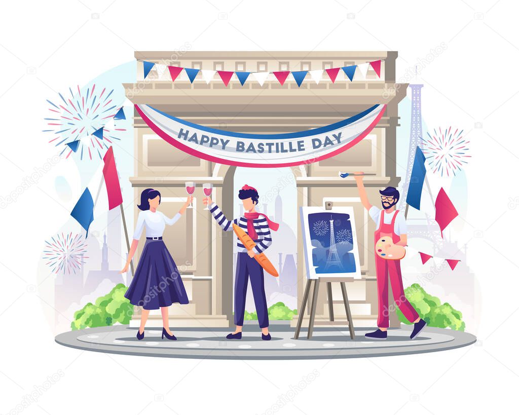 Happy French couple and Painter celebrate Bastille Day on 14th July. vector illustration