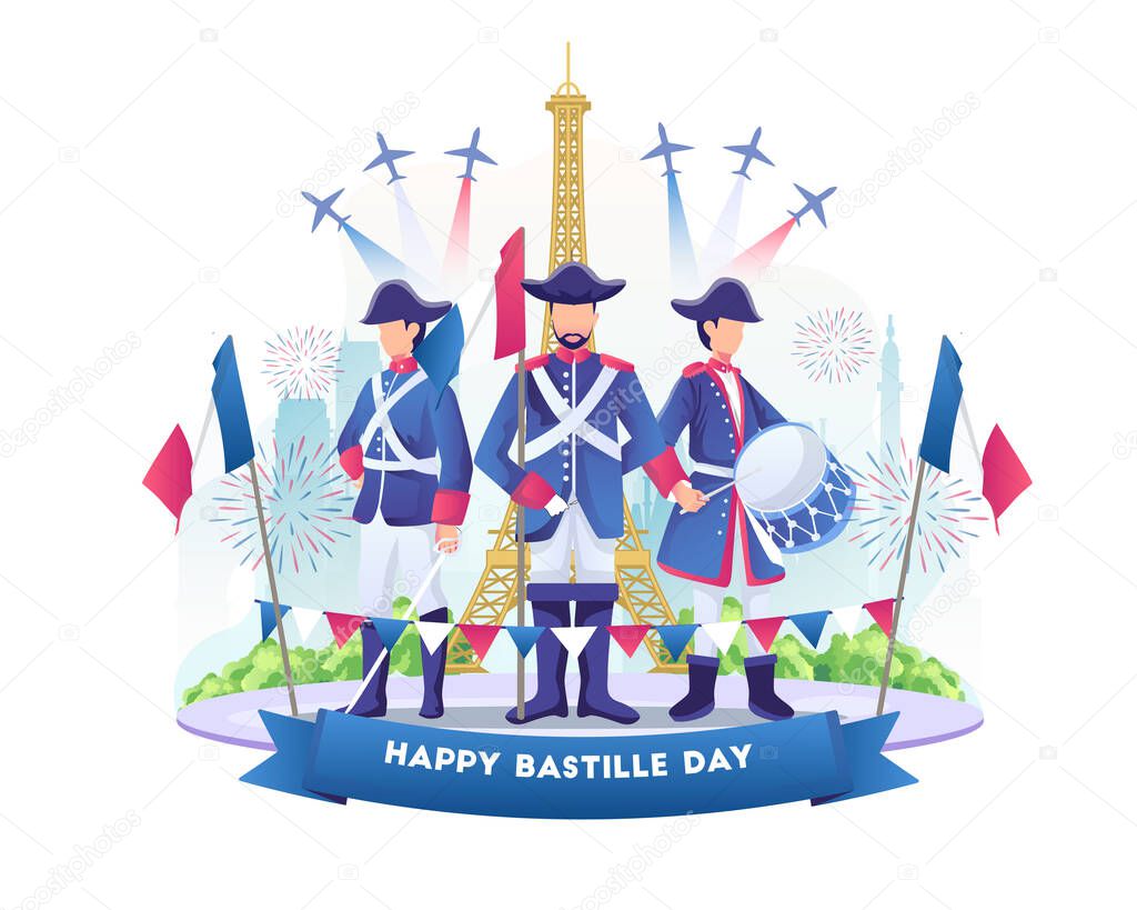Bastille day celebration with people wearing french army outfits. Happy Bastille Day of France on 14th July. vector illustration