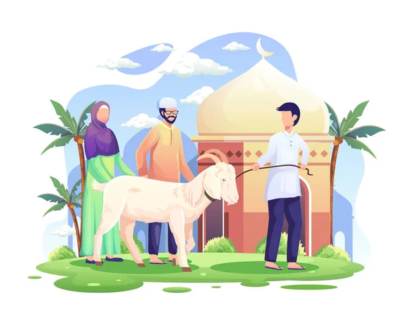 Eid Adha Mubarak Ludzie Przynoszą Kozę Qurban Lub Ofiarę Ilustracja — Wektor stockowy