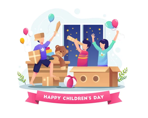 Happy Kids Playing Cardboard Toys World Children Day Plochá Vektorová — Stockový vektor