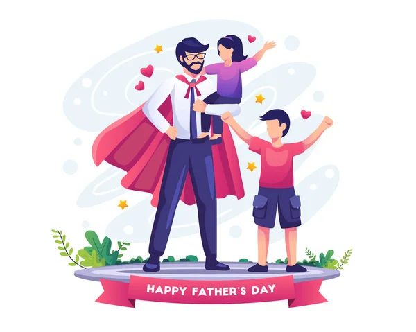 Dad Superhero His Kids Father Day Flat Vector Illustration — Stock Vector