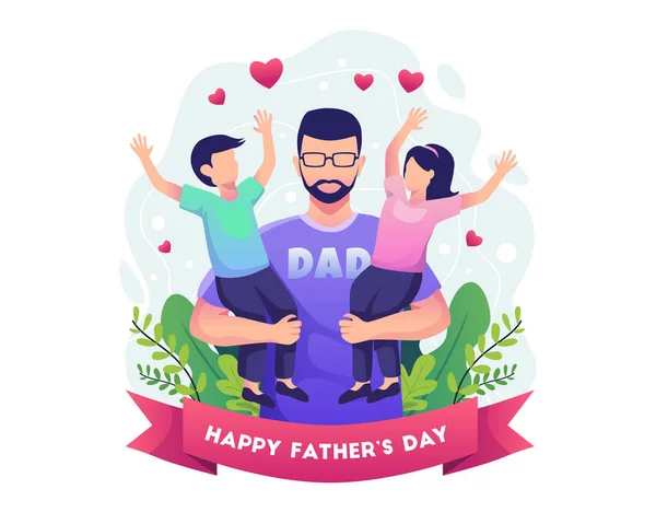 Happy Father Day Father Holding His Two Children Flat Vector — Stock Vector