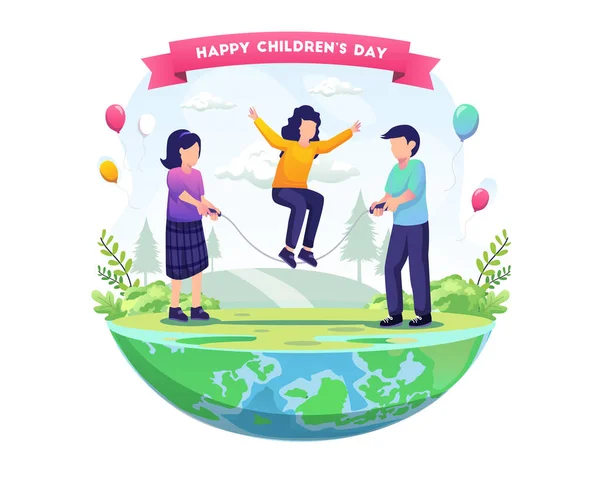 子供たちは世界の子供の日を祝うためにジャンプロープを再生します 平面ベクトル図 — ストックベクタ