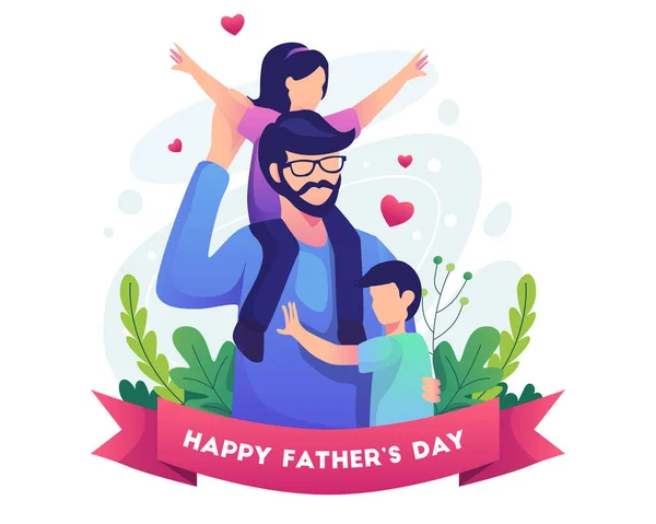 Feliz Día Del Padre Con Padre Sus Dos Hijos Ilustración — Vector de stock