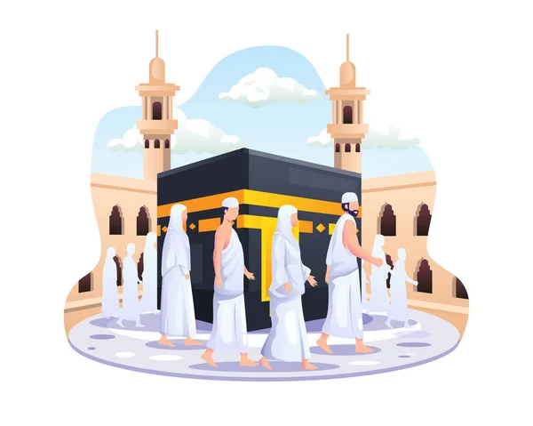 Islamisk Hajj Pilgrimsfärd Folk Går Runt Kaaba Platt Vektor Illustration — Stock vektor