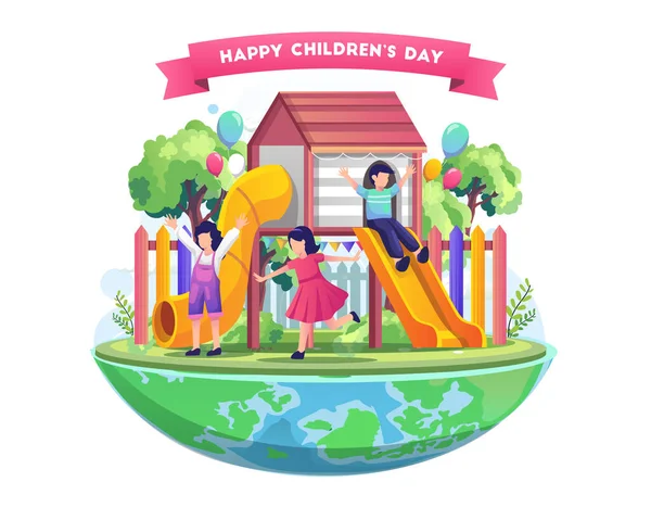 Children Having Fun Playground World Children Day Flat Vector Illustration — Stock Vector