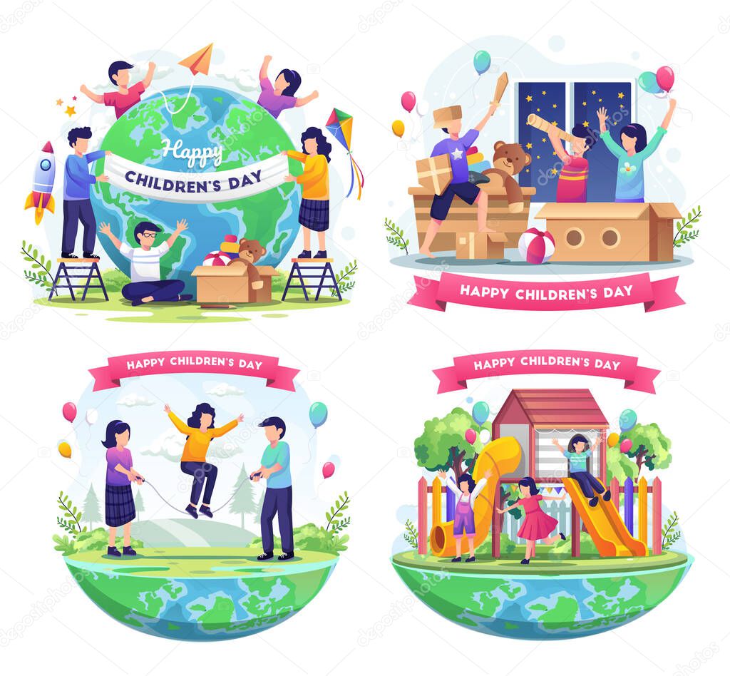 Set bundle of World Children's day with happy kids around the world and engaged in decoration. Flat vector illustration