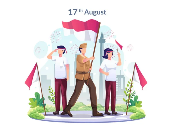 Νεολαία Και Ήρωες Γιορτάζουν Την Ημέρα Ανεξαρτησίας Της Ινδονησίας Στις — Διανυσματικό Αρχείο