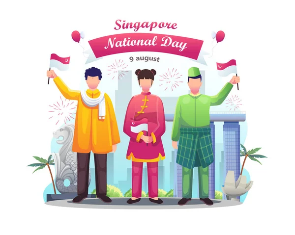Άνθρωποι Διαφορετικών Πολιτισμών Γιορτάζουν Την Ημέρα Ανεξαρτησίας Της Σιγκαπούρης Στις — Διανυσματικό Αρχείο