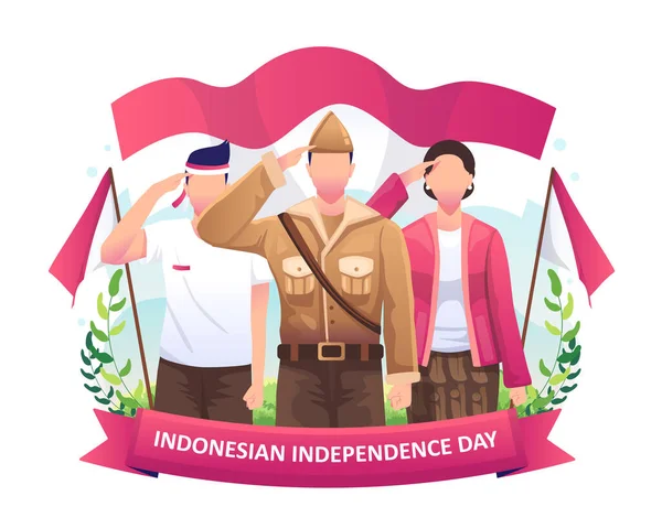 Des Héros Des Femmes Saluent Drapeau Occasion Fête Indépendance Indonésie — Image vectorielle