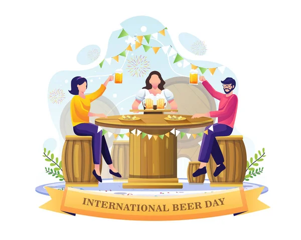 Άνθρωποι Πίνουν Μπύρα Ένα Μπαρ Για Γιορτάσουν Την Παγκόσμια Ημέρα — Διανυσματικό Αρχείο