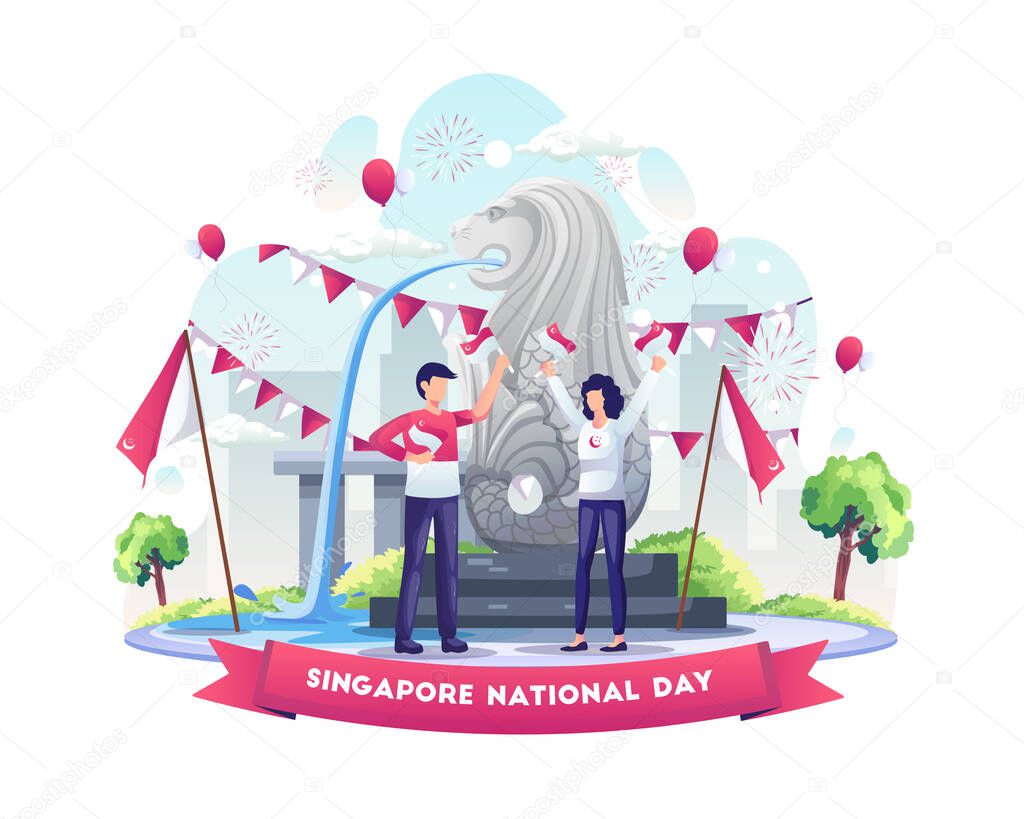 A happy couple celebrating Singapore's independence day on August 9th in front of a Lion statue. Flat vector illustration