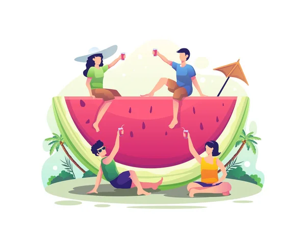 Gente Relaja Mientras Bebe Jugo Sandía Verano Ilustración Vectorial Plana — Vector de stock