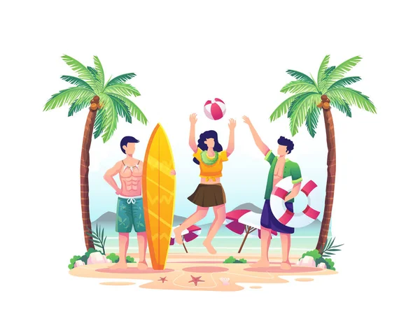Pessoas Felizes Brincando Praia Dia Verão Ilustração Vetorial Plana — Vetor de Stock
