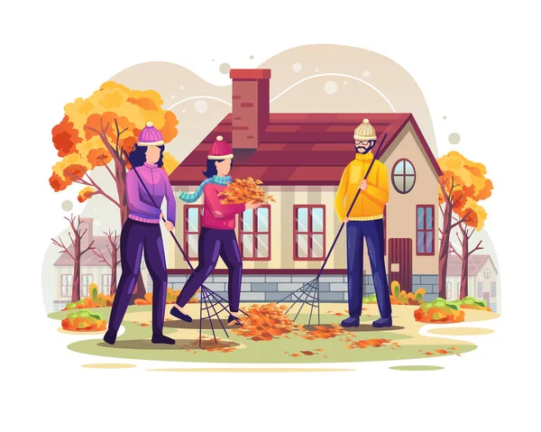 People Sweeping Fallen Leaves Autumn Flat Vector Illustration — Stock Vector