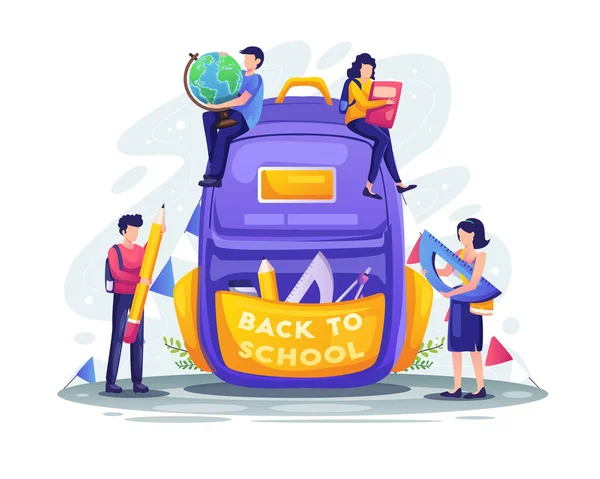 Students Preparing Back School Giant School Backpack Supplies Flat Vector — Stock Vector