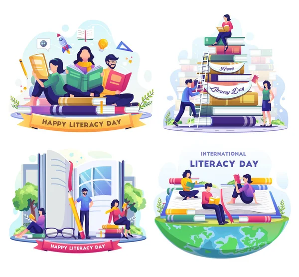 Set Bundle Literacy Day People Celebrate Literacy Day Reading Books — Stockový vektor