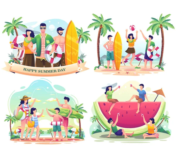 Set Bundle Dia Verão Com Pessoas Desfrutando Verão Praia Ilustração —  Vetores de Stock