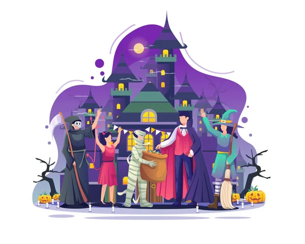 Gente Que Usa Disfraces Celebra Evento Nocturno Halloween Frente Espeluznante — Vector de stock