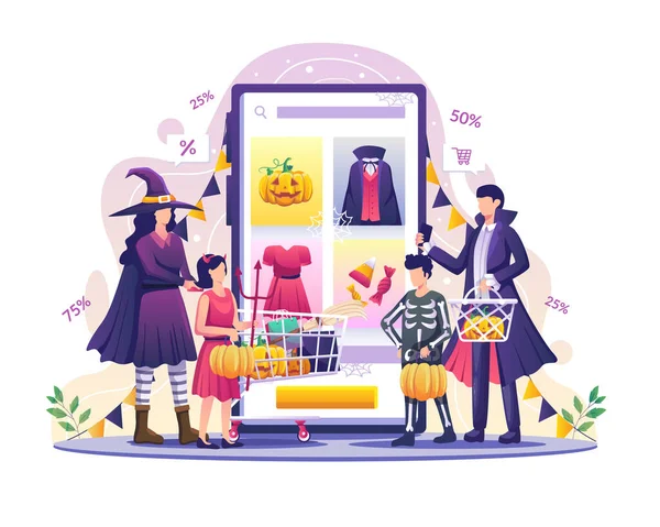 Famille Fait Shopping Ligne Pour Célébrer Halloween Événement Plat Vecteur — Image vectorielle