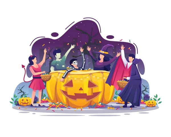 People Wearing Halloween Costumes Collecting Candy Halloween Night Flat Vector — Stock Vector