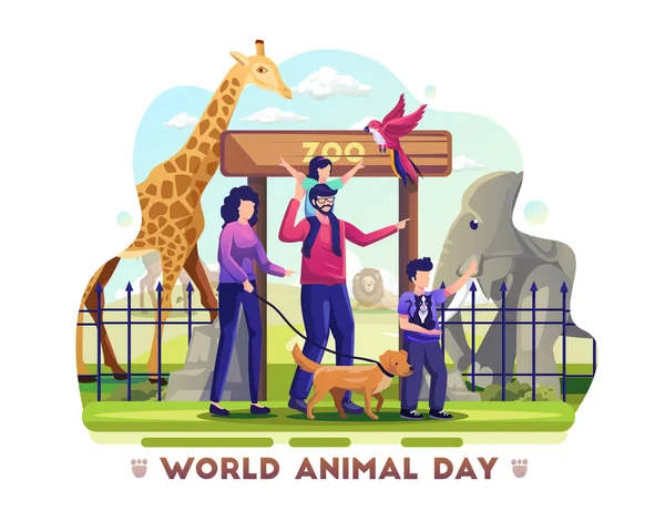 Rodzina Odwiedza Zoo Aby Świętować Światowy Dzień Zwierząt Schronisko Dla — Wektor stockowy