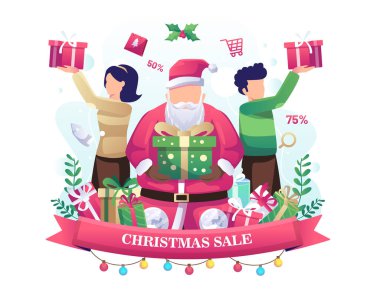 Noel Baba hediye tasarımı yapıyor. İnsanlar hediye alıyor. vektör illüstrasyonu
