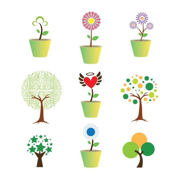 Conjunto de iconos de flores y árboles — Vector de stock