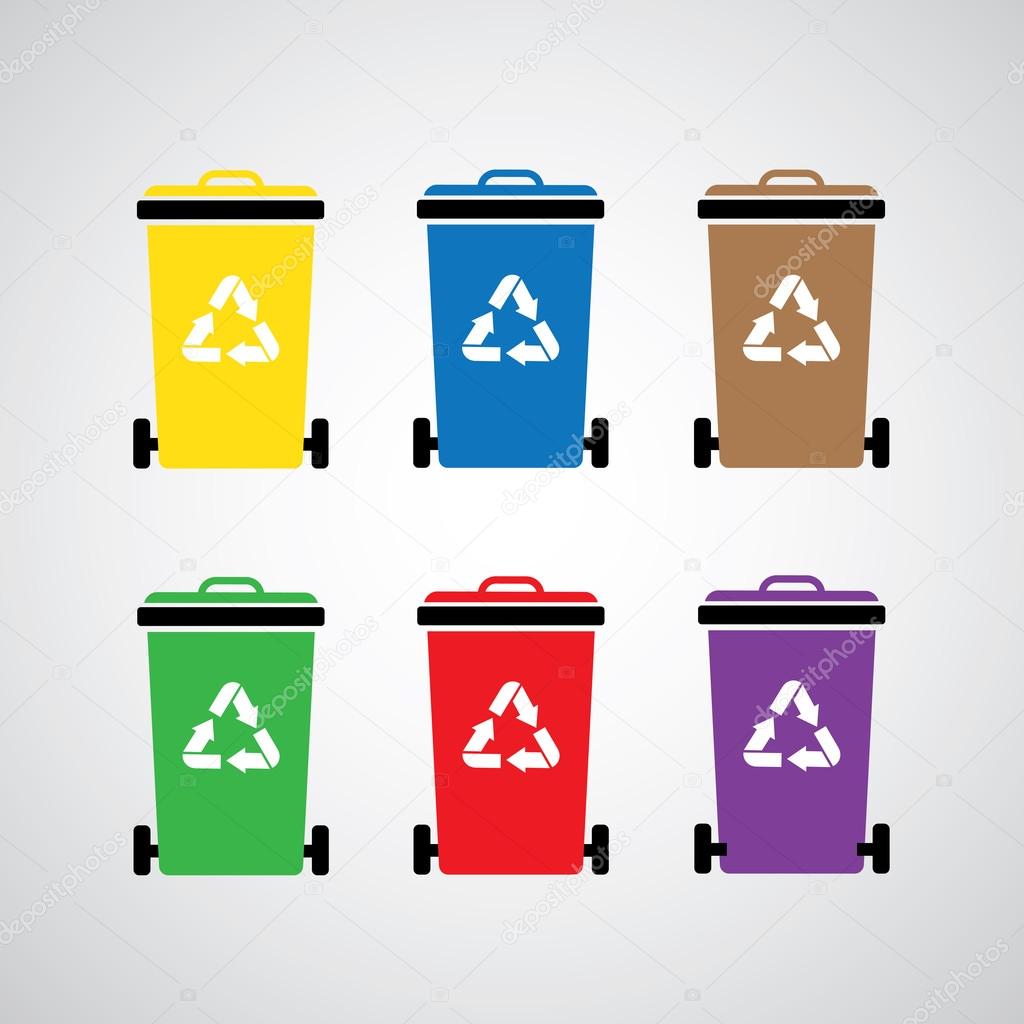 set of colorful garbage bins