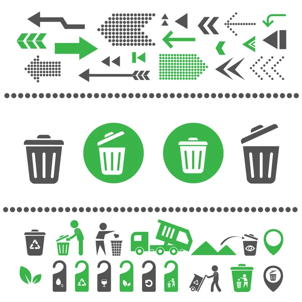 Papeleras de reciclaje y flechas iconos — Vector de stock