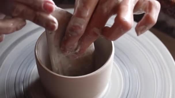 Primo piano ceramica modellazione a mano su una ruota di vasaio in un accogliente laboratorio domestico. Creazione di prodotti da argilla ecologica con le proprie mani. Esteticamente belle mani femminili dell'artista — Video Stock