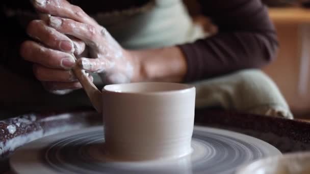 Close-up met de hand modelleren aardewerk op een pottenbakkerswiel in een gezellige thuiswerkplaats. Het maken van producten uit milieuvriendelijke klei met eigen handen. Esthetisch mooie vrouwelijke handen van de kunstenaar — Stockvideo