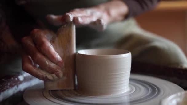 Cerrar mano modelado de cerámica en una rueda de alfarero en un acogedor taller en casa. Crear productos a partir de arcilla respetuosa con el medio ambiente con sus propias manos. Estéticamente hermosas manos femeninas del artista — Vídeos de Stock