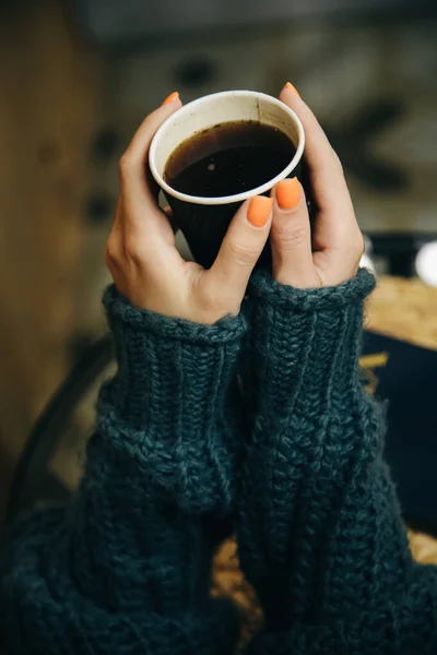 Human Holds Cup Coffee Two Hands Warm Autumn Green Sweater — Stock Photo, Image